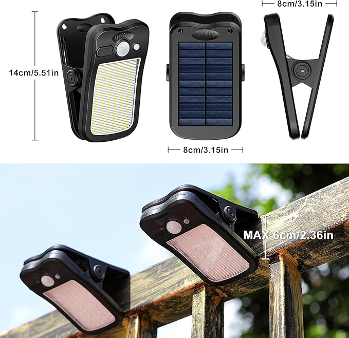 Tryme Clip on Solar Lights Outdoor Motion Sensor Lights 60 LEDs, 3 Modes, Dual Charging, Portable Waterproof Security Light for Fence, Deck, Camping, Grill (2 Pack)