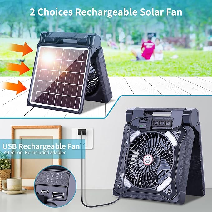 WESTTREE Solar Fan Battery Powered Rechargeable Solar Camping Fan with Led Lantern & Power Bank Foldable Angle USB Personal Fans for Travel Outdoor Camping Tents X98 Black
