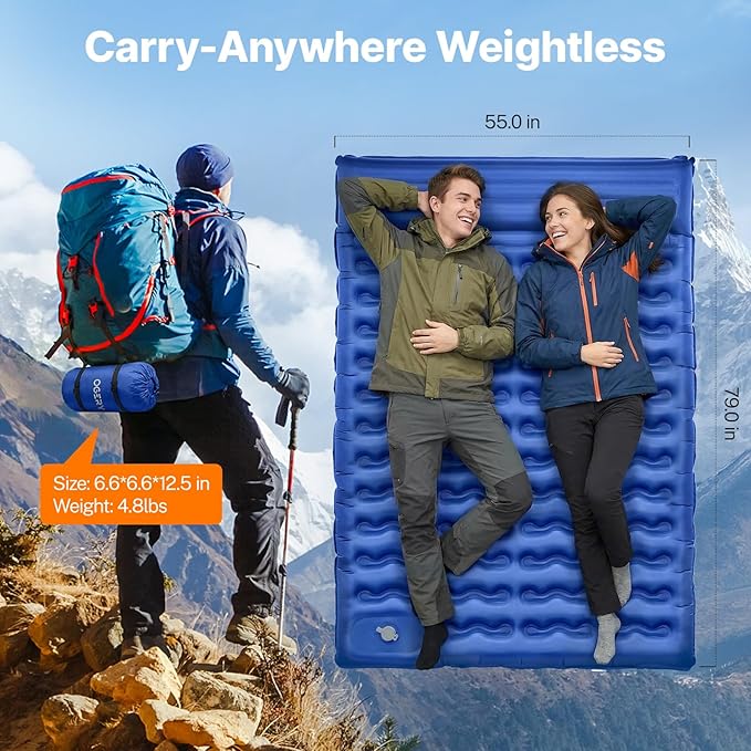 OGERY Double Sleeping Pad,Ultralight Inflating Sleeping Pad for Camping with Pillow Built-in Foot Pump, 6" Extra-Thick Reinforced Camping Pad for Hiking, Backpacking, Tent, Single,Blue