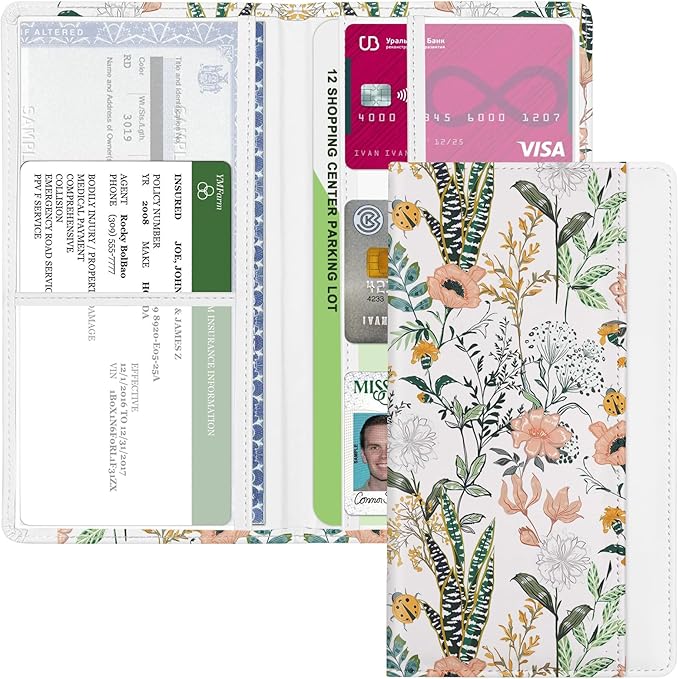 Car Registration and Insurance Holder, with Magnetic Closure for License, Cards and Documents, All Vehicle Needs and Car Accessories (Flower and Grass)