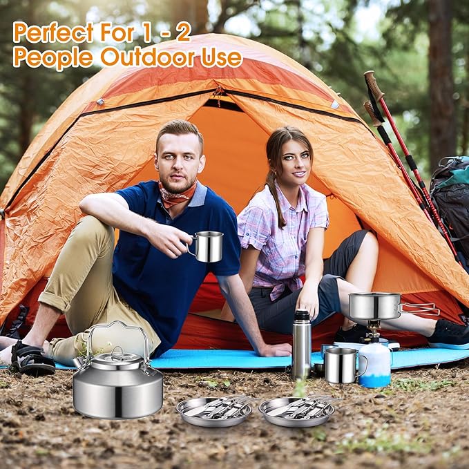 Funnymoom 15 Pcs Camping Cookware Mess Kit Outdoor Cooking Set Stainless Steel with Pot and Pan Kit 2 Set Stainless Steel Cups Plates Forks Knives Spoons for Camping Backpacking Cooking Picnic