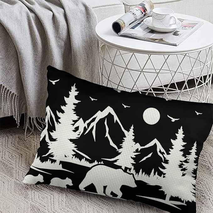 ITFRO Set of 2 Nice Gift Bear Throw Pillow Cover Pine Tree Forest Mountains Cotton Linen Lumbar Animal Cushion Case Farmhouse Home Decor for Bed Sofa Couch 12x20 Inches (Bear Set)
