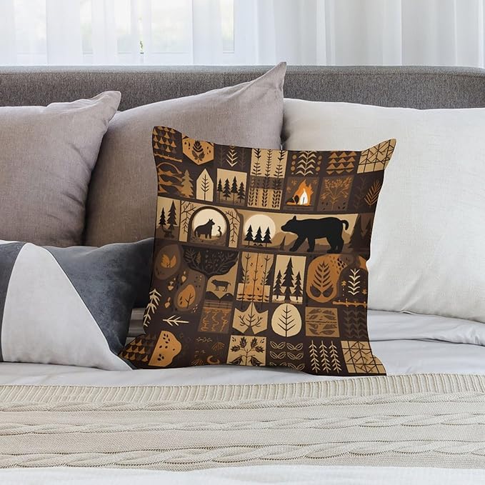 ITFRO Set of 2 Birthday Gift Wildlife Bear Deer Forest Bonfire Pine Tree Short Plush Both Sides Square Retro Checkered Throw Pillow Cover Cushion Case Farmhouse Sofa Decor 18x18 Inches (Dark Brown)