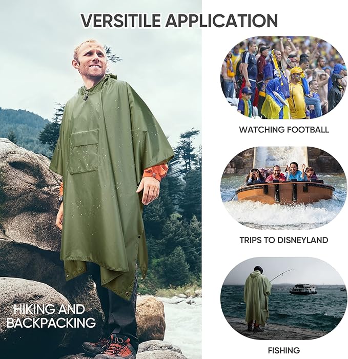 PTEROMY 3-in-1 Hooded Rain Poncho for Adult with Pocket, Waterproof Lightweight Unisex Raincoat for Hiking Camping Emergency