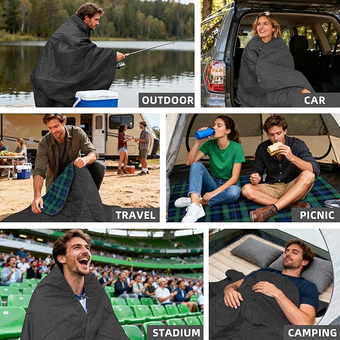 Large Outdoor Waterproof Blanket Extra Thick Fleece Stadium Blanket for Camping, Car, Pet, Picnics - Windproof, Wearable, Machine Washable 80" x 58" (Green Check)