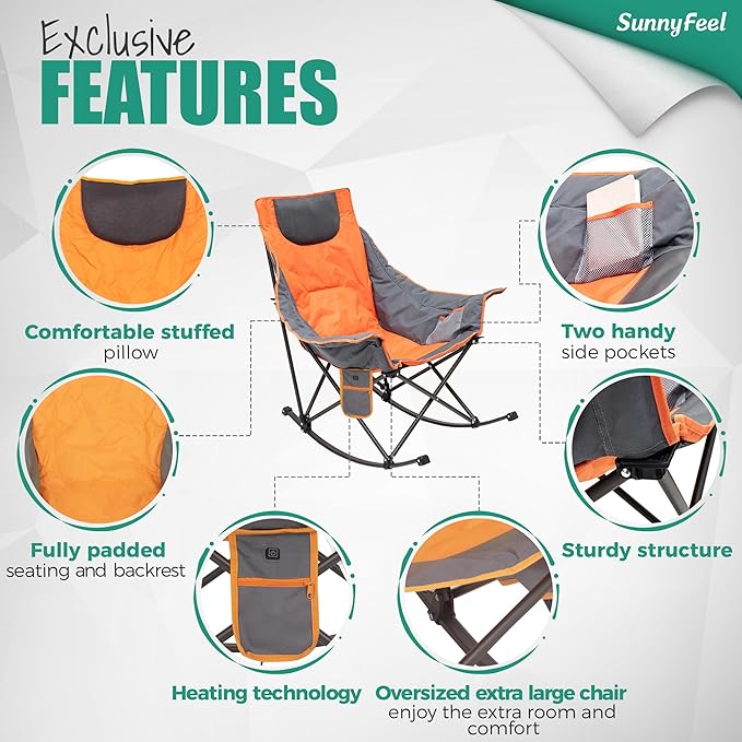 SUNNYFEEL Oversized Heated Rocking Camping Chair, Fully Padded Patio Chair with Side Pocket, High Back Portable Lawn Recliner with Carry Bag, Outdoor Rocker Camp Chair for Adults Heavy Duty 500 LBS