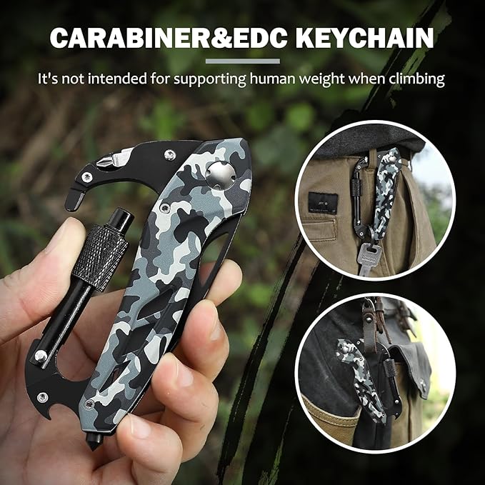 Carabiner Multitool 6-in-1 EDC Carabiners Pocket Knife, Window Breaker, Bottle Opener and Screwdriver,Camping and Mountaineering Survival Equipment for Everyday Carry, Gifts for Men Women（Camo）