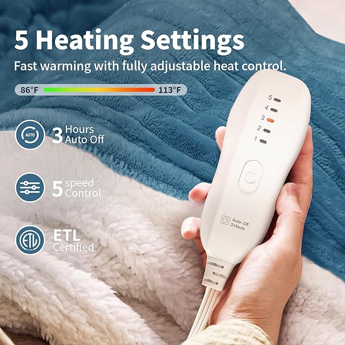 Texciting Heated Blanket Electric Throw 50”X60”-Heating Blanket with 5 Heat Settings-3 Hours Auto Off,ETL Certified,Machine Washable (Blue)