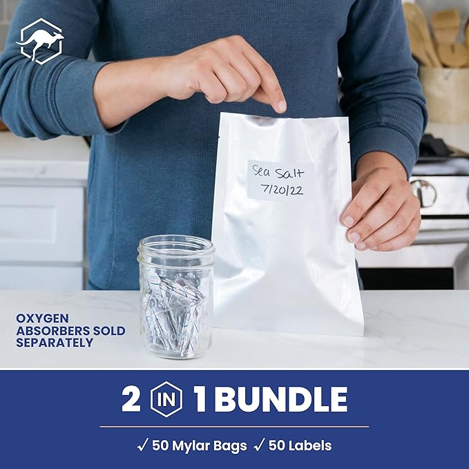 Wallaby 50 Count 1-Quart Mylar Bags with Labels, 5 Mil Total Thickness Long-Term Food Storage Pouches, 7x10 Heat-Sealable Airtight Packaging - Silver