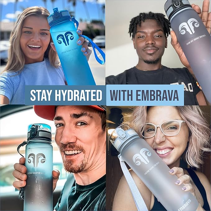 Embrava Sports Water Bottle 32oz - Fast Flow Flip Top Lid - BPA & BPS Free Leakproof Reusable - Lightweight Non-Toxic Tritan Plastic 1 Liter - Gym Hiking Office School Travel