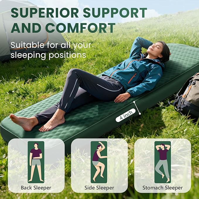 Self Inflating Sleeping Pad with Electric Pump 4 Inch Ultra Thick Memory Foam Sleeping Pad for Camping All Season Single Size Portable Automatic Inflatable Camping Mattress for Travel, Tent (Green)