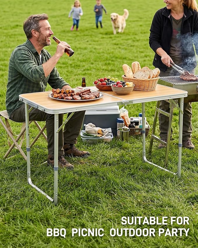 Outvita 4ft Portable Folding Camping Table, Outdoor Waterproof Adjustable Height Table, Aluminum Lightweight Suitcase Foldable Table for Picnic BBQ Beach Dining