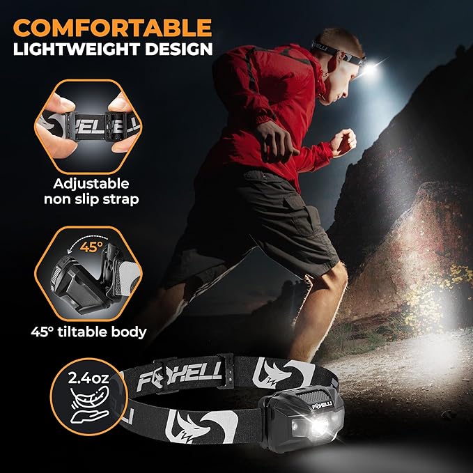 Foxelli USB‑C Rechargeable LED Headlamp – Ultra‑Light 2.4 oz & Bright 180 Lumens – Red/White Light, 5 Modes, IPX5 Waterproof, 40 h Runtime for Trail Running, Camping, Hiking