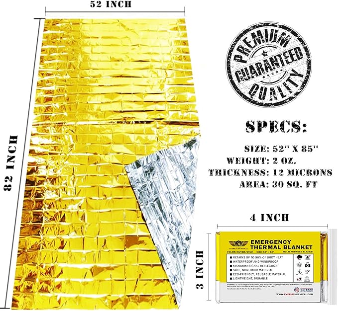 EVERLIT Emergency Mylar Thermal Blankets -Space Blanket Survival kit Camping Blanket Perfect for Outdoors, Hiking, Survival, Bug Out Bag ，Marathons or First Aid 1(Gold & Silver, 4 Pack)