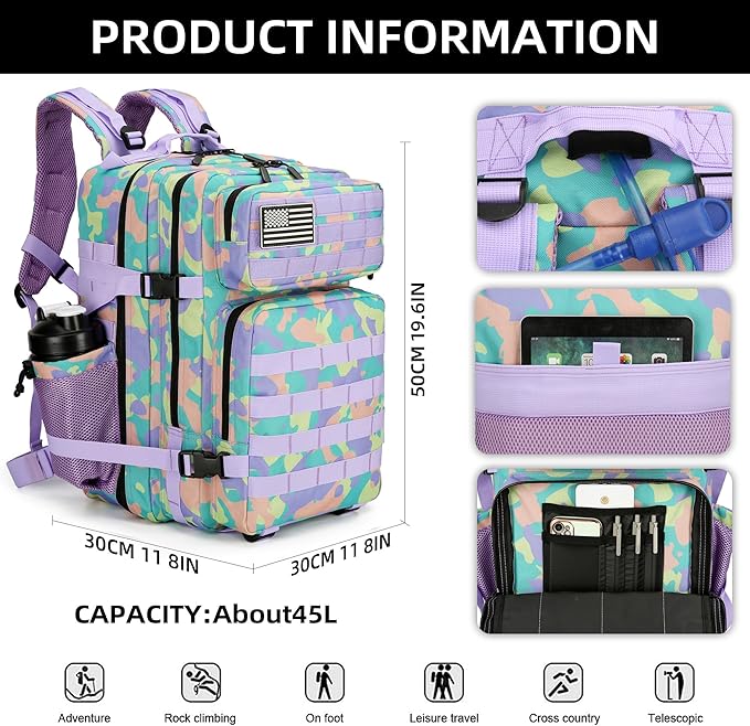 Lovelinks21 45L Tactical Assault Backpack 3 day assault pack with Molle Waterproof backpack Rucksack for Tactical Backpacks (PurpleGreenYellow)