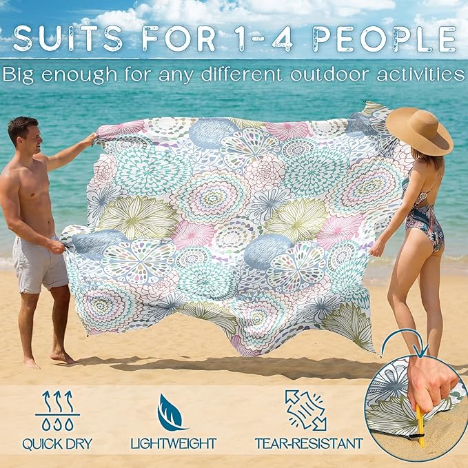 BYDOLL Beach Blanket Waterproof Sandproof Large Sand Free, 78''X81'' Oversized Sandless Lightweight Blanket Picnic Mat for Beach Travel Camping Hiking with Stakes