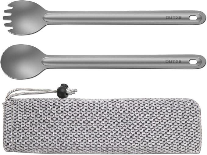OUTXE Ultralight Titanium Long Handle Fork and Spoon Set