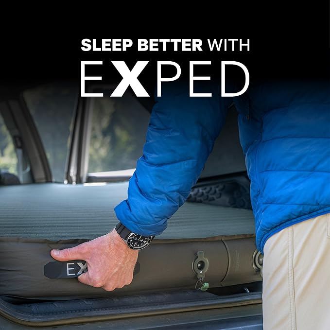 Exped MegaMat Auto - Self Inflating Soft Car Sleeping Mat, 4” Foam Pad, Wheel Cutouts, Pump Included