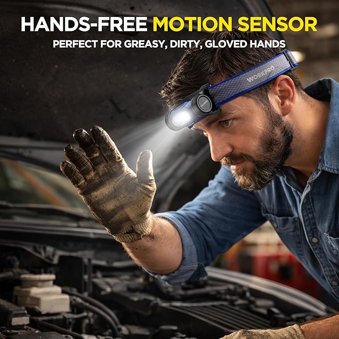 WORKPRO Rechargeable Work Headlamp, 700LM LED Head Lamp with Motion Sensor, 180° Adjustable Angle & Long Runtime, Memory Function for Mechanic, Repair, Construction and Jobsite