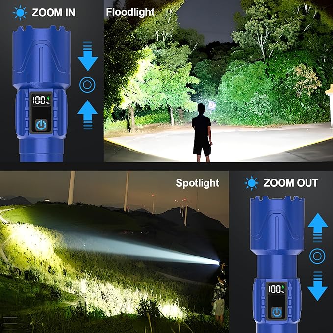 Rechargeable Tactical Flashlights 2000 High Lumens - 5000mAh Super Bright LED Powerful Flash Light, Waterproof Handheld USB C Flashlight for Home,Car,Camping,Emergencies,5 Modes,Zoomable (1, Blue)