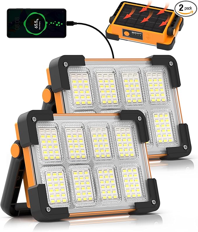 2 Pack 120W Solar Rechargeable Work Light, 144 LED 10000LM Led Work Light with 4 Modes, Portable Flood Light with Stand, IP66 Waterproof Outdoor Working Light for Emergency Mechanic Camping Repair