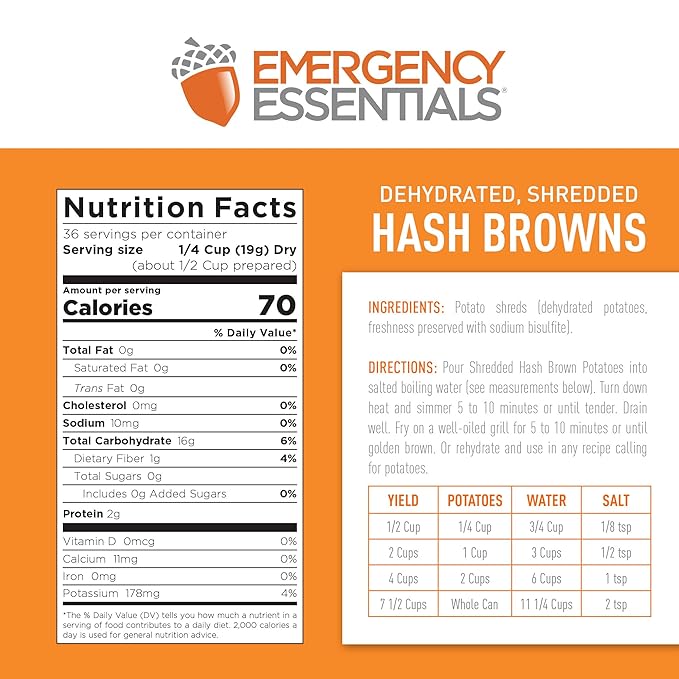 Emergency Essentials® Freeze-Dried Hash Browns – #10 Can, Long Shelf Life Breakfast Potatoes, 36 Servings, Lightweight & Shelf-Stable