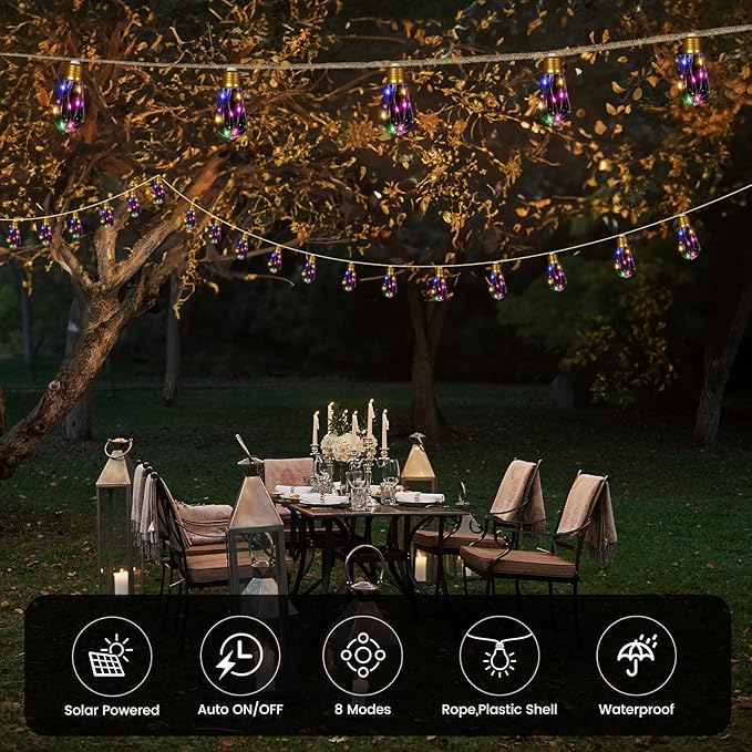 Solar String Lights Outdoor, 24FT Vintage Rope Hemp Solar String Lights for Outside with 20 Shatterproof Bulbs, Waterproof 8 Modes Solar Powered Patio Lights for Garden Fence Balcony Camping