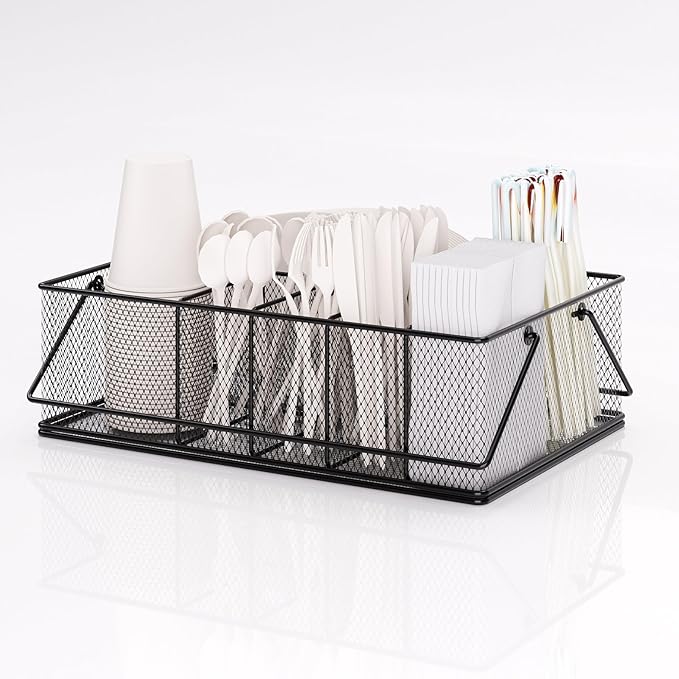 Paper Plate Organizer for Countertop, Metal Silverware Caddy with 6 Compartments for Cup, Napkin, Utensil Holder Caddy for Party, Camping, Picnic