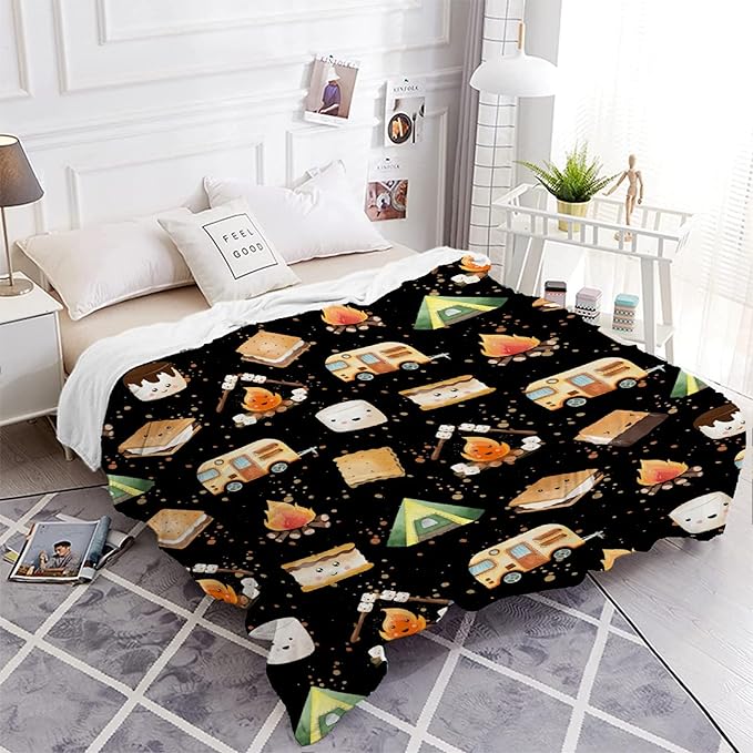 Cute S'Mores Flannel Blanket | Ultra Soft Roasted Marshalows Throw for Couch/Sofa/Travel/Camping | Camping Blanket Gifts for Camper Lover Decor - 60"x80"-Adults/Twin Size