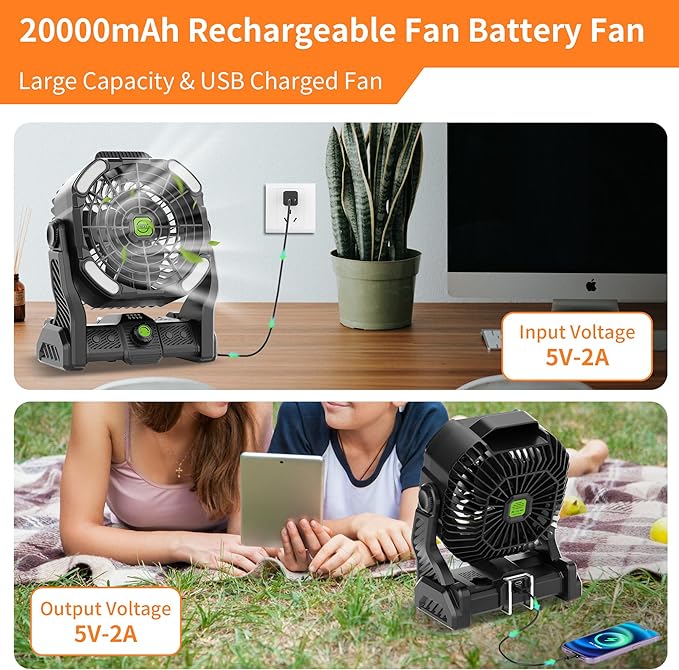20000mAh Rechargeable Fan Portable, 270°Cordless Battery Powered Fan with LED Lantern, USB Camping Fans Battery Operated for Travel Tent Beach Fish Bedroom Desk Table