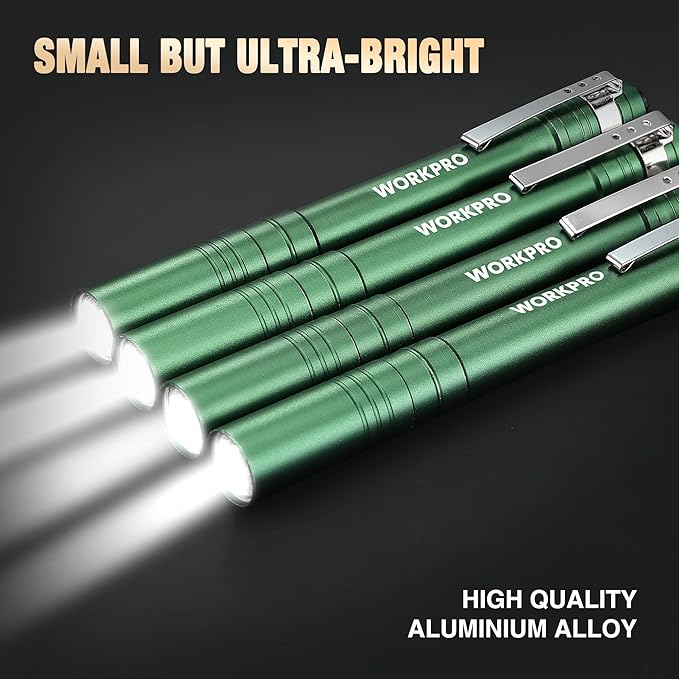 WORKPRO LED Pen Light, Aluminum Pen Flashlights, Pocket Flashlight with Clip for Inspection, Emergency, Everyday, 2AAA Batteries Include, Green(4-Pack)