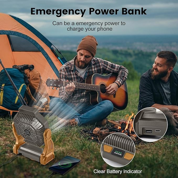 Odoland Rechargeable Camping Fan, 20000mAh Battery Fans with LED Lantern for Tent Car Beach Storm, Portable Light Desk Cooling Fan for Picnic Power Outage Hurricane, Brown