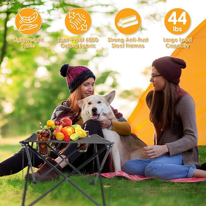 Portable Camping Table, Ultralight Picnic Table Foldable with 2 Cup Holders and Carrying Bag for Outdoor Camping Picnic BBQ Beach Party Patio Fishing, Steel Frame, High-Grade 600D Oxford Fabric