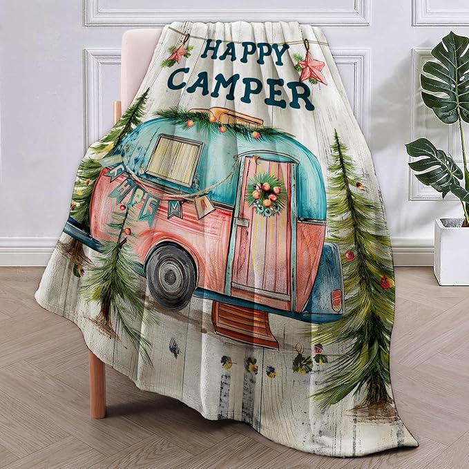 Camper Flannel Blanket, Camp Gifts, Camping-Themed Blanket for Women, Soft Lightweight Throw Blankets for Bed Home Travel Decor 40" x 50"