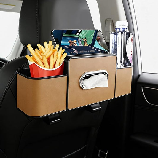 Amooca Back Seat Car Organizer, 4+2 in 1 Multifunctional Car Backseat Storage Box with 3 Cup Holders Tissue Box Hook, Car Interior Storage for Travel Phones Snacks Drinks(Brown)