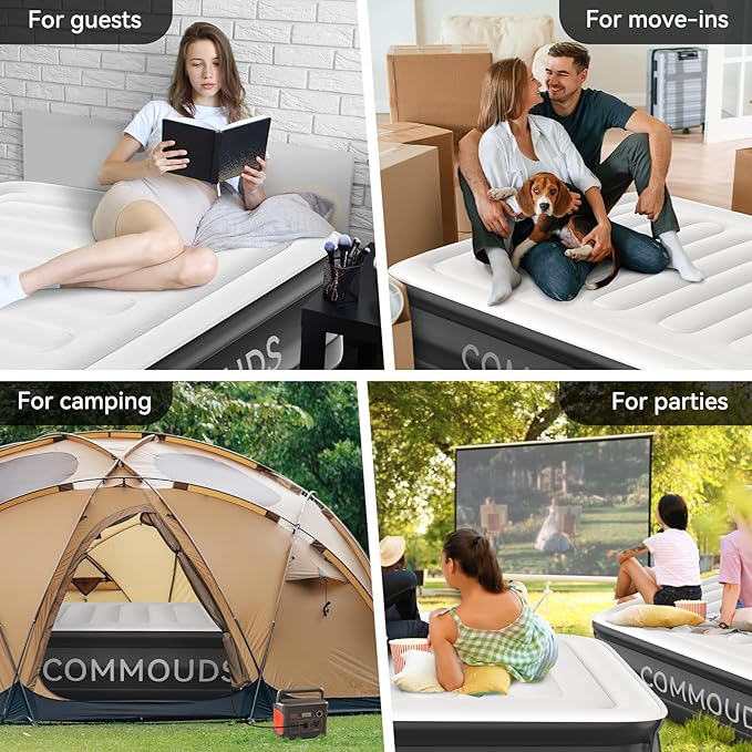 COMMOUDS Queen Air Mattress with Built-in Pump, 18" Raised Blow up Mattress, Comfort Inflatable Mattress with Waterproof Flocked Top, Portable Airbed for Guests, Camping, Home & Travel Use, 660lbs Max