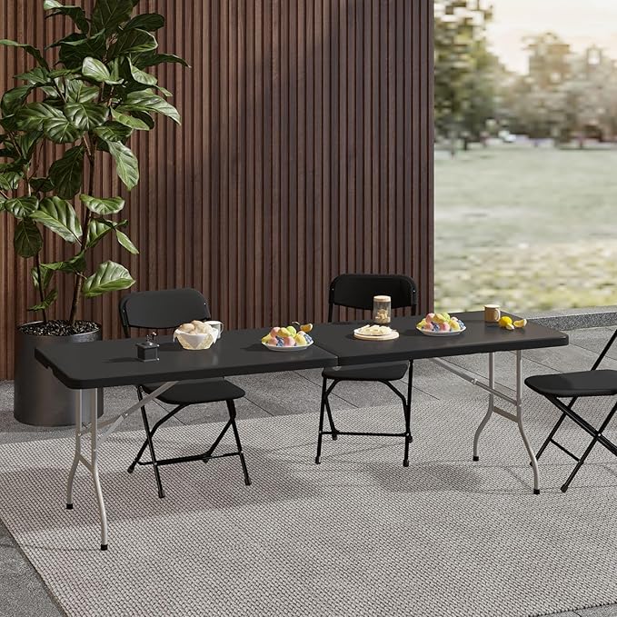 OS MOTOR 7.8ft Folding Table with Carry Handle, Portable Heavy Duty Plastic Utility Table with Steel Legs for Party, Wedding, Camping, Indoor, Outdoor Event, 94 Inch, Black