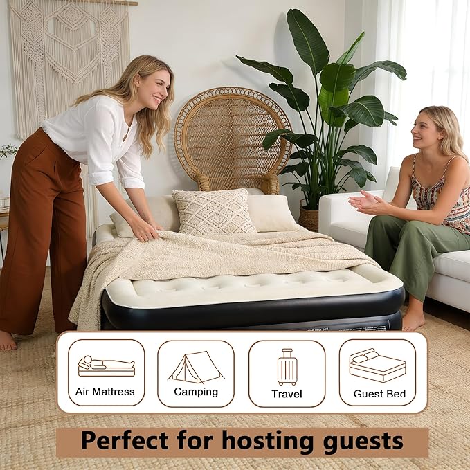 air Mattress Queen with Built in Pump – 18-Inch Thickened Inflatable Mattress for Easy Travel, Supports Up to 650 Pounds（Black）