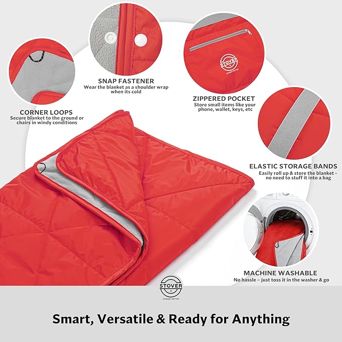 STOVER Large Waterproof Outdoor Stadium Blanket- Extra Thick Soft Fleece Camping Blanket for Travel, Picnics, Sports, Dogs 79"x55", Warm, Windproof, Sand-Proof, Lightweight, Packable (Sunset Red)