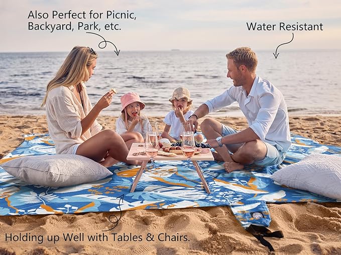 WEKAPO Beach Blanket Waterproof Sandproof Oversized, Extra Large Beach Mat Sand Free, Lightweight & Compact Sand Free Mat with 5 Stakes & 4 Corner Pockets