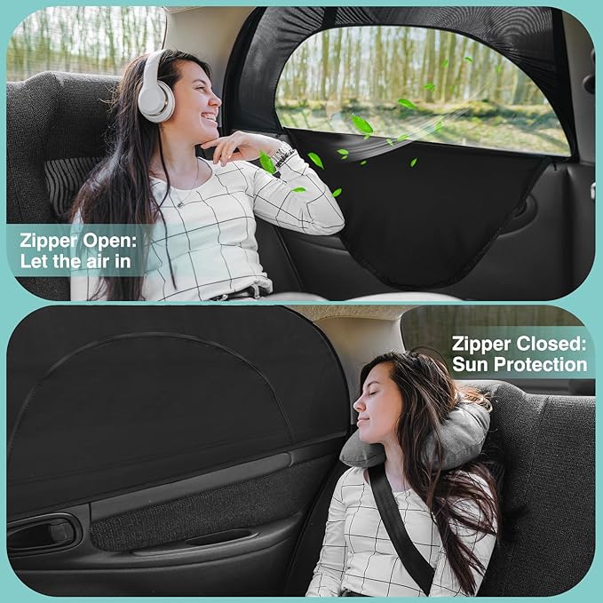 Ovege Window Shades for Back Seat - Side Window Sun Shade Breathable Mesh-Zipper Car Window Cover Screen-Camping Privacy Universal Fits Most Small and Medium Cars 2pcs (Rear Side Medium)