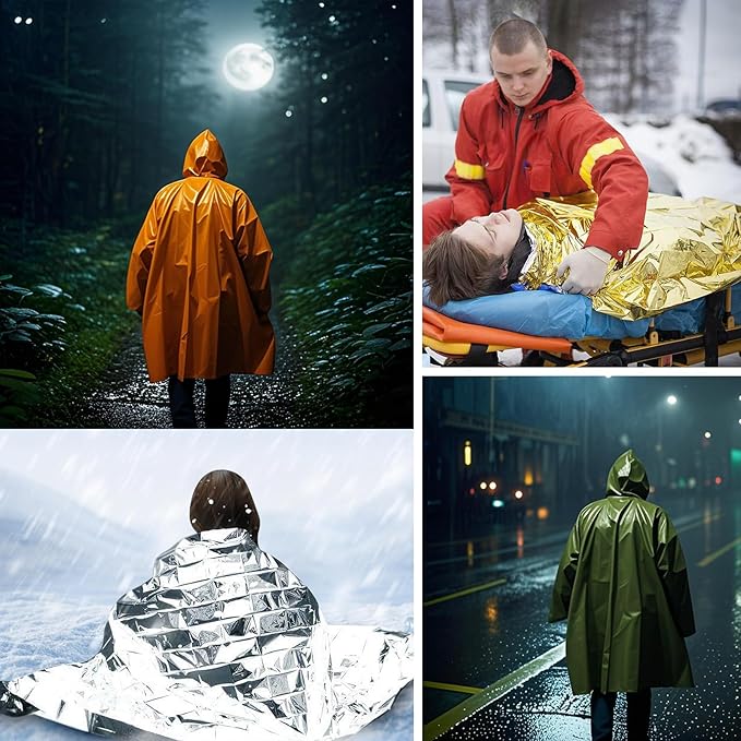 4X Surviv`al Gear kit, Emergency Poncho (2pc), Emergency Space Blanket (2pc), Mylar Liner - Retains 92% Body Heat, Outdoors, Hiking, Camping, Bug Out Bag, Marathons or First Aid, Car (G + O)