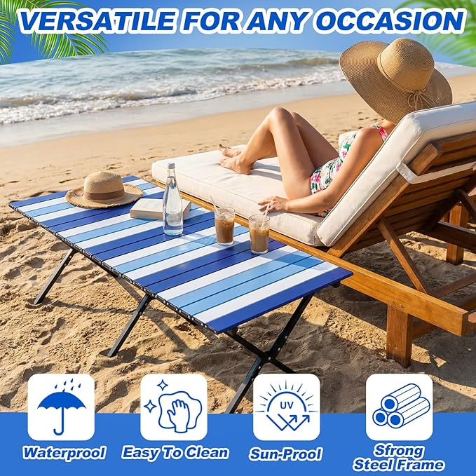 CroBlissful Beach Table Folding Camping Portable Table Striped White Aluminum Side with Carry Bag for Camping Picnics and Outdoor Activities (48x24x18 in,Navy Blue)