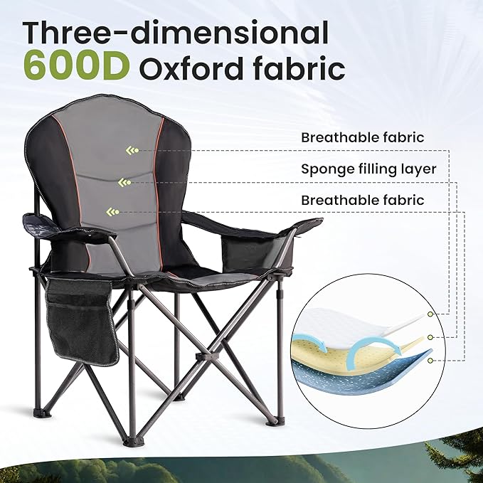 Oversized Camping Chair Heavy Duty- Portable Folding Chair, Cup Holder & Waterproof Phone Case for Adults, Beach, Hiking, Backyard, Black & Gray,2PCS XL