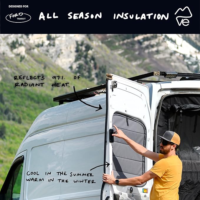 VanEssential Insulated Stealth Blackout Rear Door Window Covers Designed for Ford Transit Van High and Medium Roof Year 2015 to Current with NO Plastic Trim (Pair) - Charcoal Gray