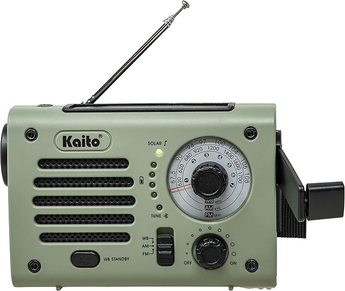 Kaito KA380 Emergency Radio & Portable Bluetooth Speaker – AM/FM NOAA Weather Radio Rechargeable with Solar Panel and Hand Crank Army Green