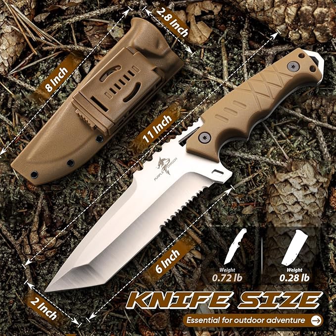 Purple Dragon Fixed Blade Knife - Tanto Knife with D2 Steel Blade and G10 Handle - Camping Knives with Sheath for Bushcraft Survival Hiking - Christmas Gift for Men and Women
