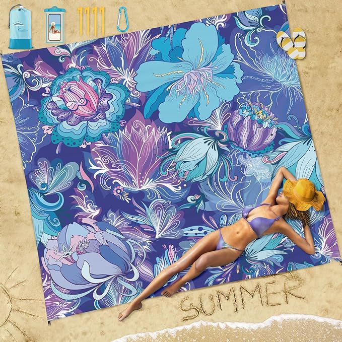 Famstar Beach Blanket Sandproof Waterproof 78''×81''1-5Adults Oversized,Compact Lightweight Durable Beach Mat for Travel Camping Hiking Picnic Blanket