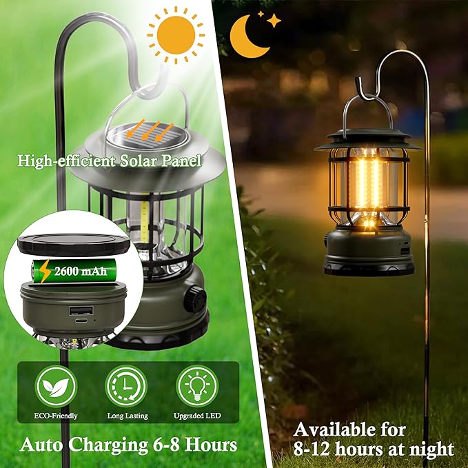 LED Solar Camping Lanterns,1500LM Step-Less Dimming,Retro Battery 2600mAH Powered USB Rechargeable Tent Lights,Portable Flashlight for Power Outages Emergency Hiking Hurricane 3Pack Green