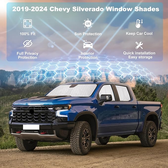 XCBYT 2019-2024 Silverado Window Shades Full Coverage Window Shades | 6-Layer Blackout Insulated Sun & UV Protection | Custom Fit Privacy Covers for Camping, Sleeping & Car Living (5 PCS)